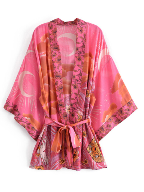 Pink Orange Floral Moon Sky Cloud Print Boho Short Kimono Batwing Sleeve Robe