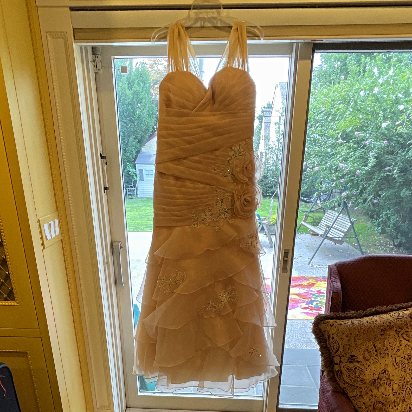 Jovani Champagne Long Formal Gown Sweetheart Ruched Beaded Ruffle Size 14