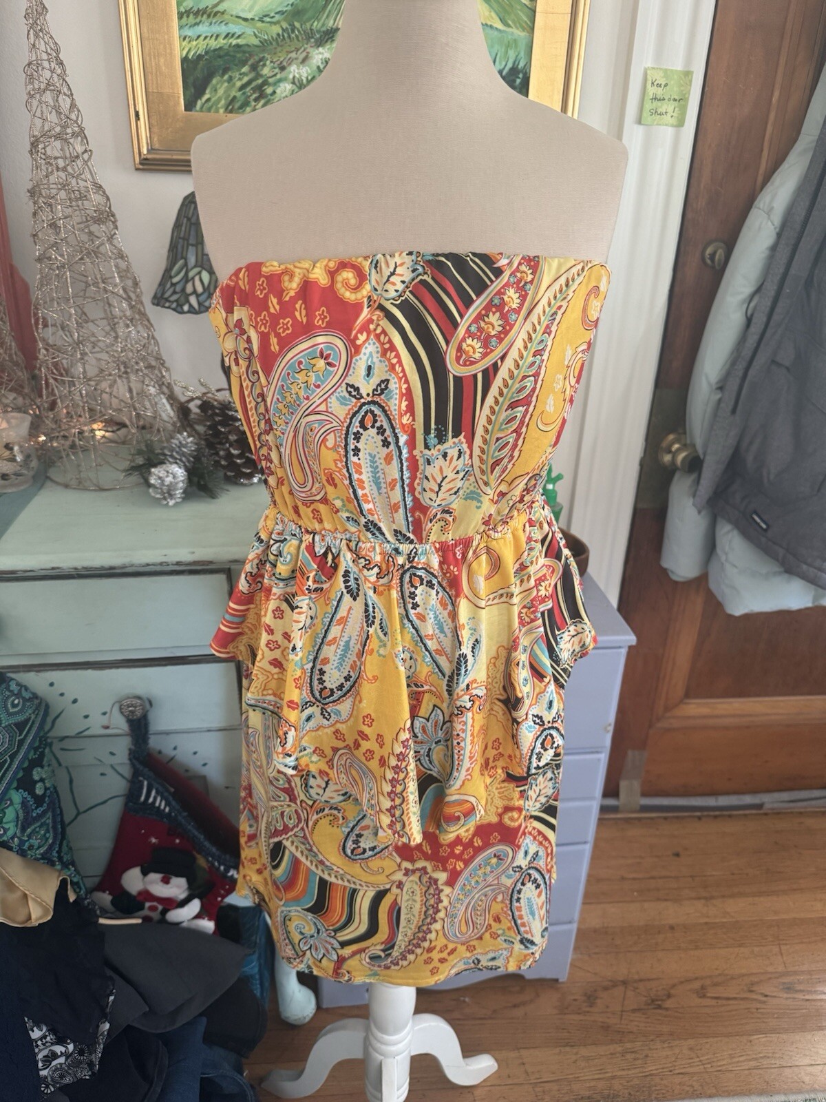 ISLE Apparel Strapless Dress S Yellow Paisley Ruffle Skirt Summer VGUC