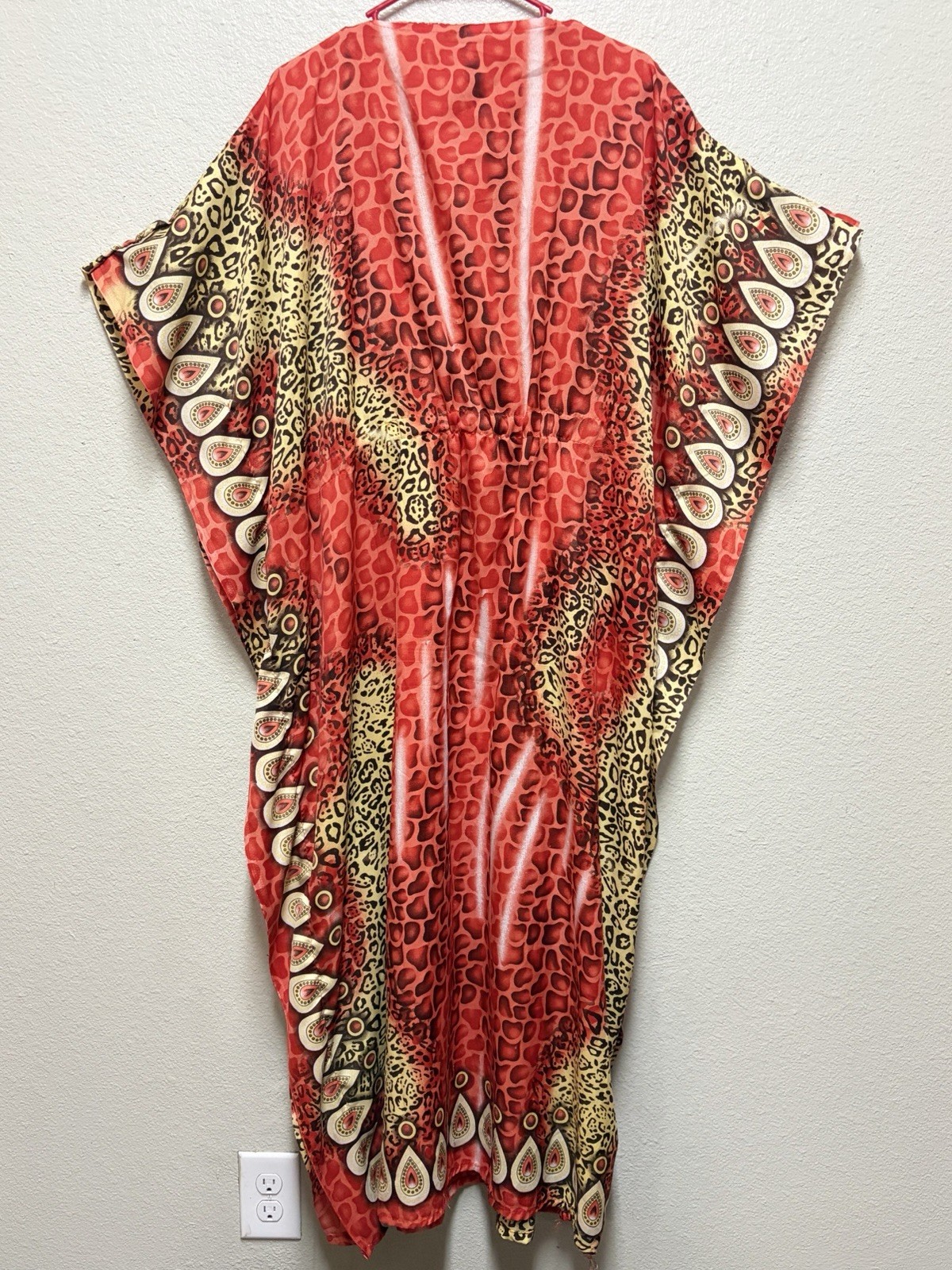 American Leisure Red Brown Beige Animal Print Kaftan Dress Round Neck Long One