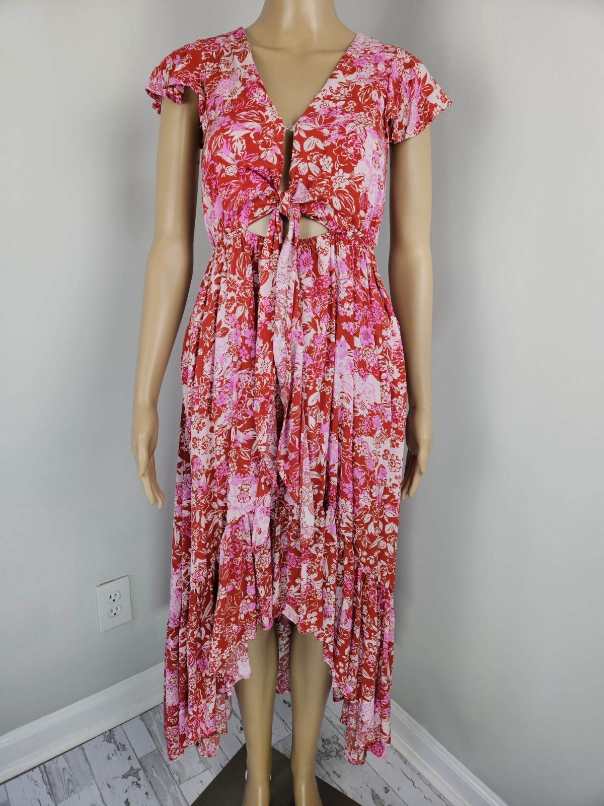 Vici Womens Dress Small Hi Low Maxi Pockets Ruffle Raspberry Floral