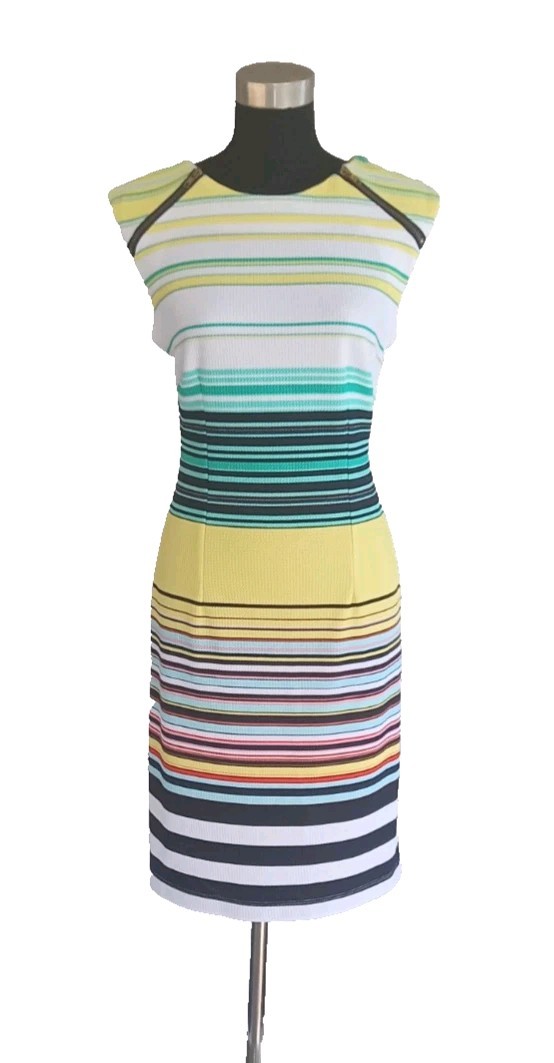 Karin Stevens Knit Dress Sz 10 White Red Pink Yellow Blue Green Black Sheath M