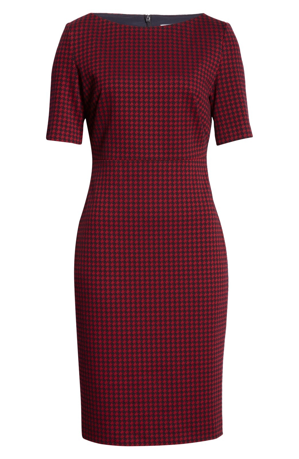 NWT BOSS Hugo Boss Dalula in Red Black Houndstooth Bateau Neck Sheath Dress 10