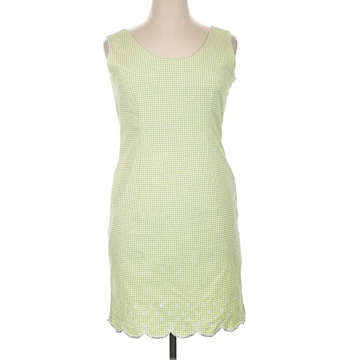 READ! Vintage 90s Preppy Green & White Micro-Gingham Scalloped Hem Shift Dress