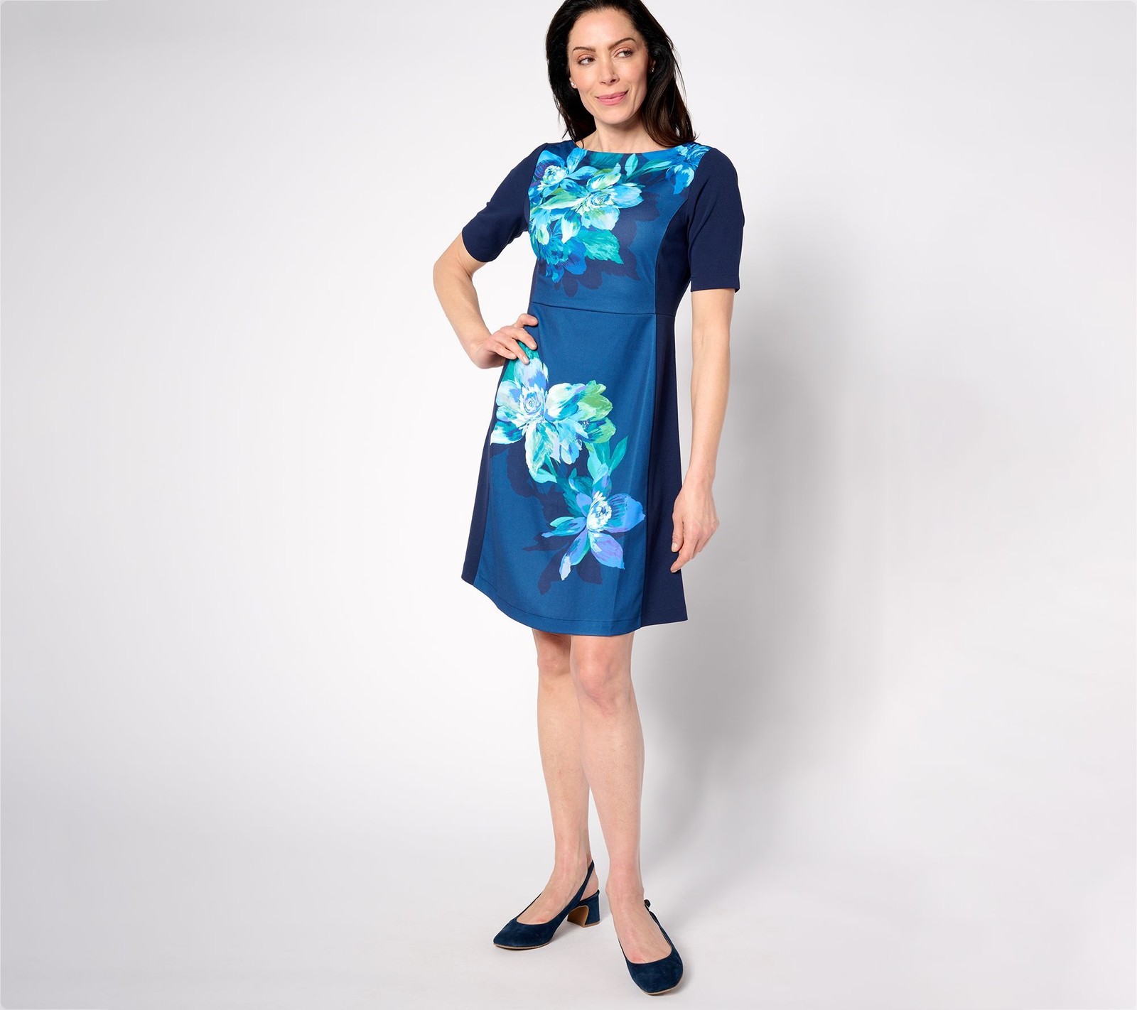 Isaac Mizrahi Live! Women’s Dress Sz M Placement Print Elbow Sleeve Blue A634429