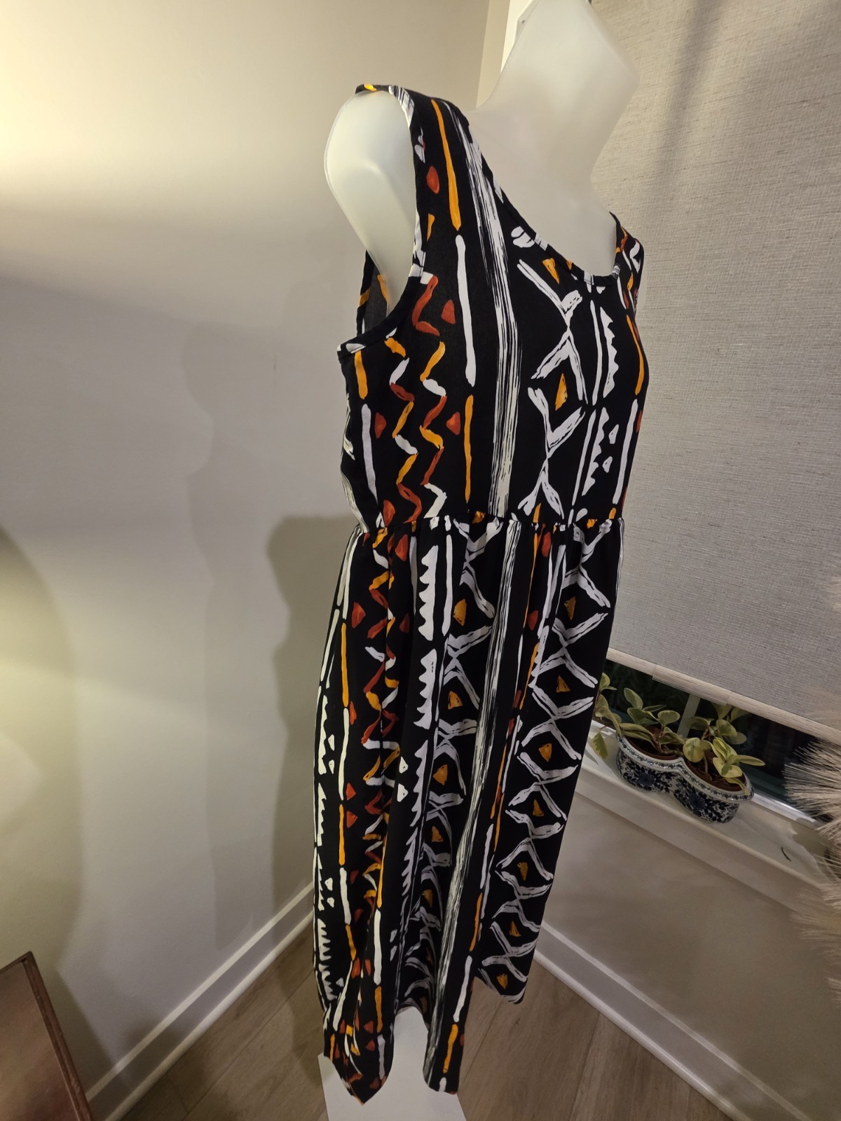Midi Sun Dress Black Orange White Geometric Print Sleeveless M VTG