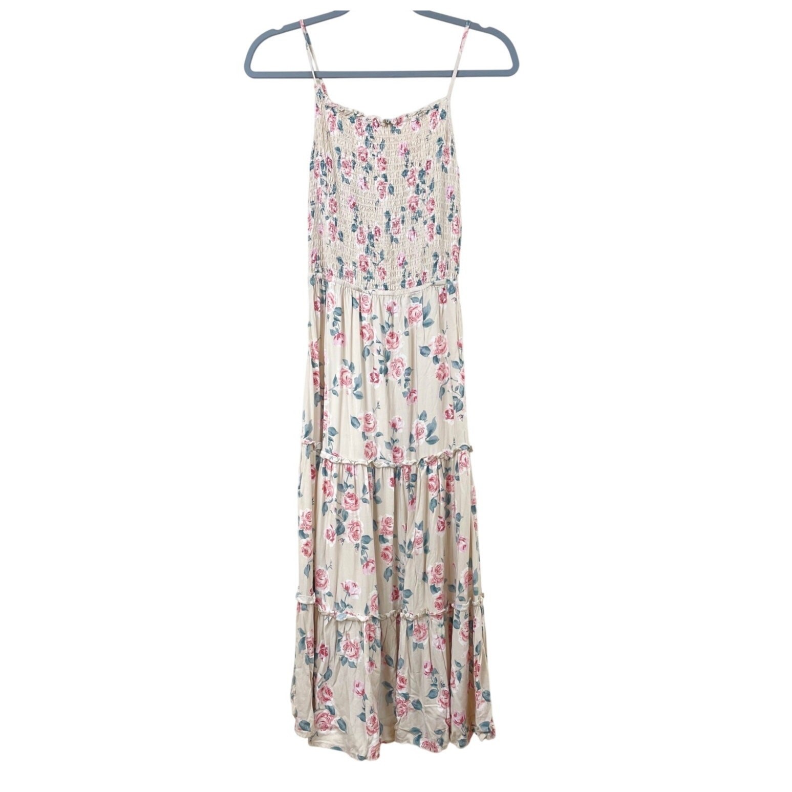 Womens Dress Sz S Slip Fairy Cottage Maxi Tiered Drop Waist Smocked Floral Boho