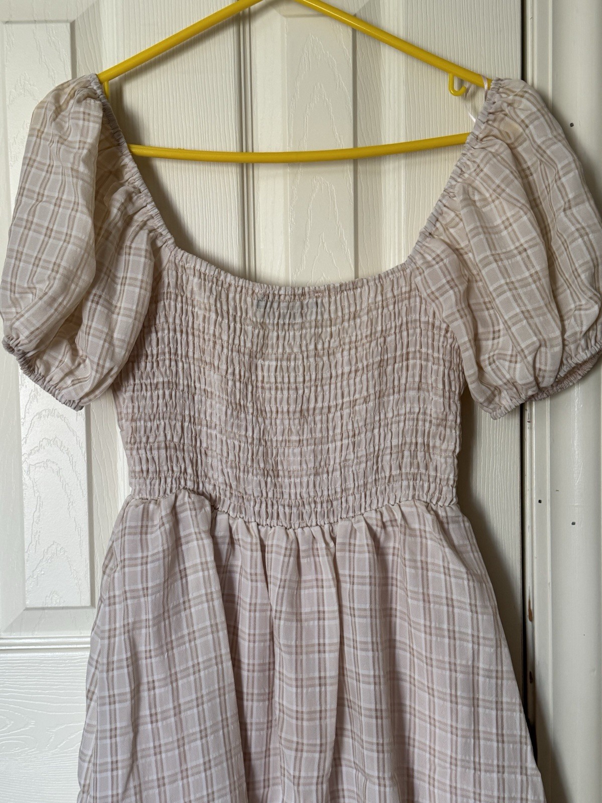 Blue Blush Beige White Plaid Puff Sleeve Smocked Short Sundress Sweetheart S