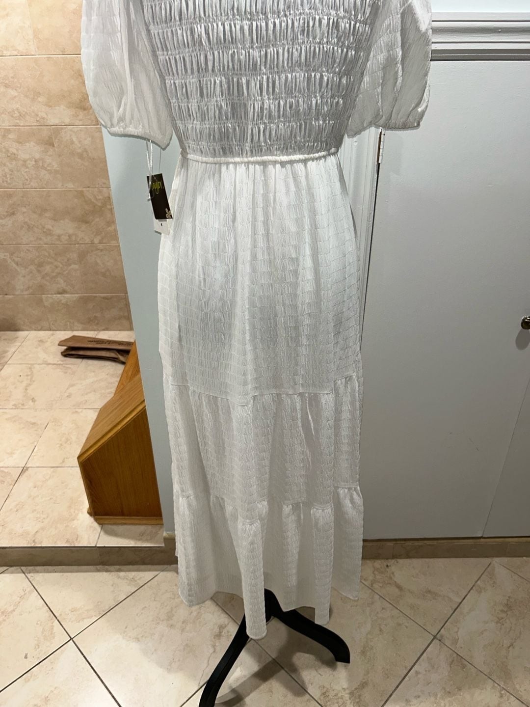 Taylor white textured puff sleeve tiered maxi dress with tassel tie
