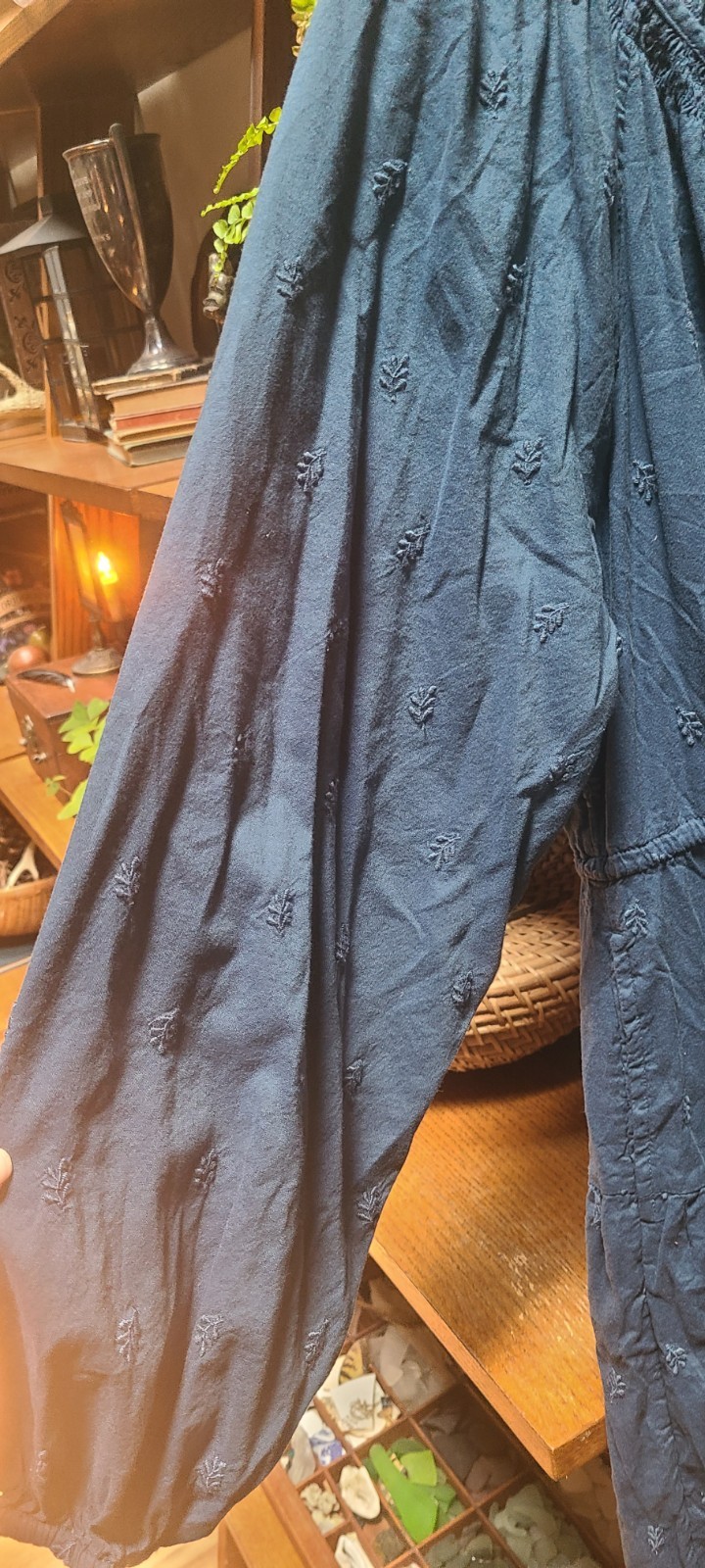 Blue Boho Peasant Midi Dress Long Sleeve Cotton Blend Tassles Embroidered Sz M