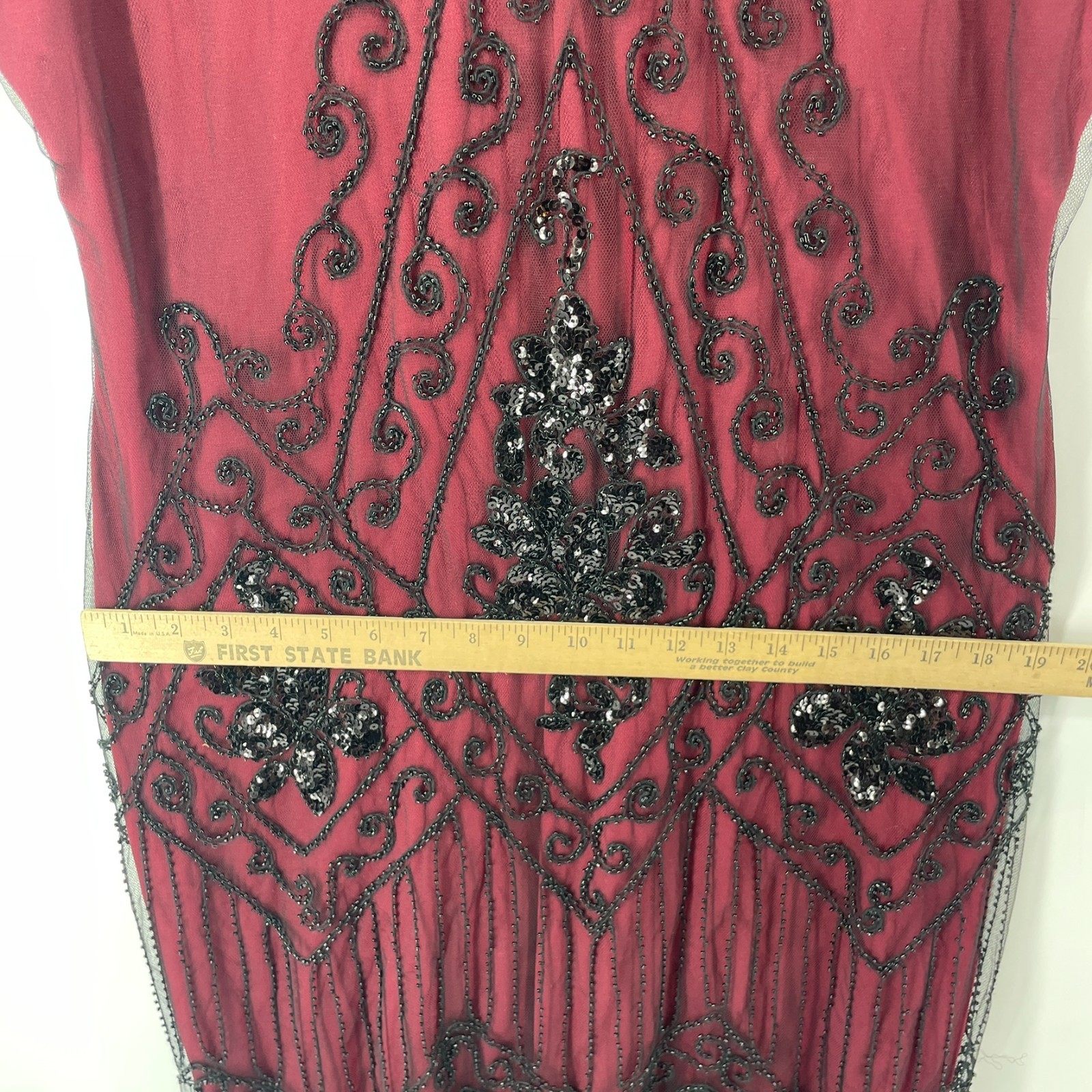 Women Flapper Fringed Beaded Burgundy Dress Plus 3X Costume Gatsby Roaring 20’s