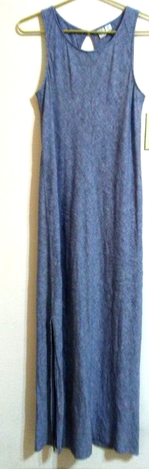 ARTISAN NY Sleeveless Maxi Dress US 6 EU36 Blue Chambray 100% LINEN Slit Keyhole