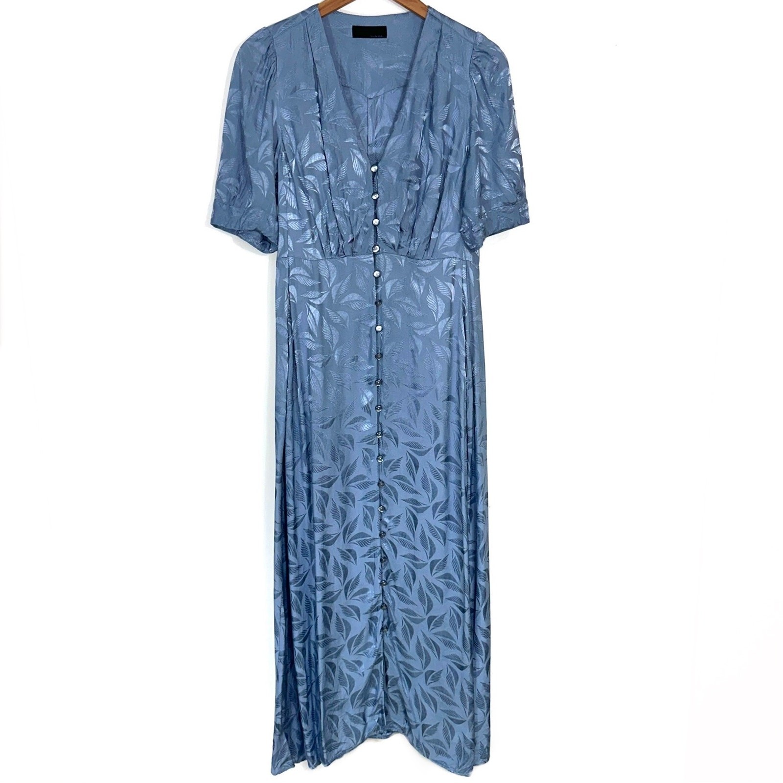 Kei Shirahata Styling Sateen Leaf Print Dusty Blue Button Front Maxi Dress Small