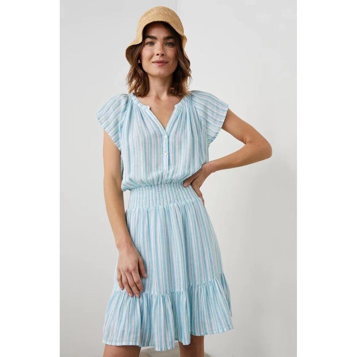 Rails Augustine Laguna Stripe Linen Blend Smocked Mini Dress Blue White Small