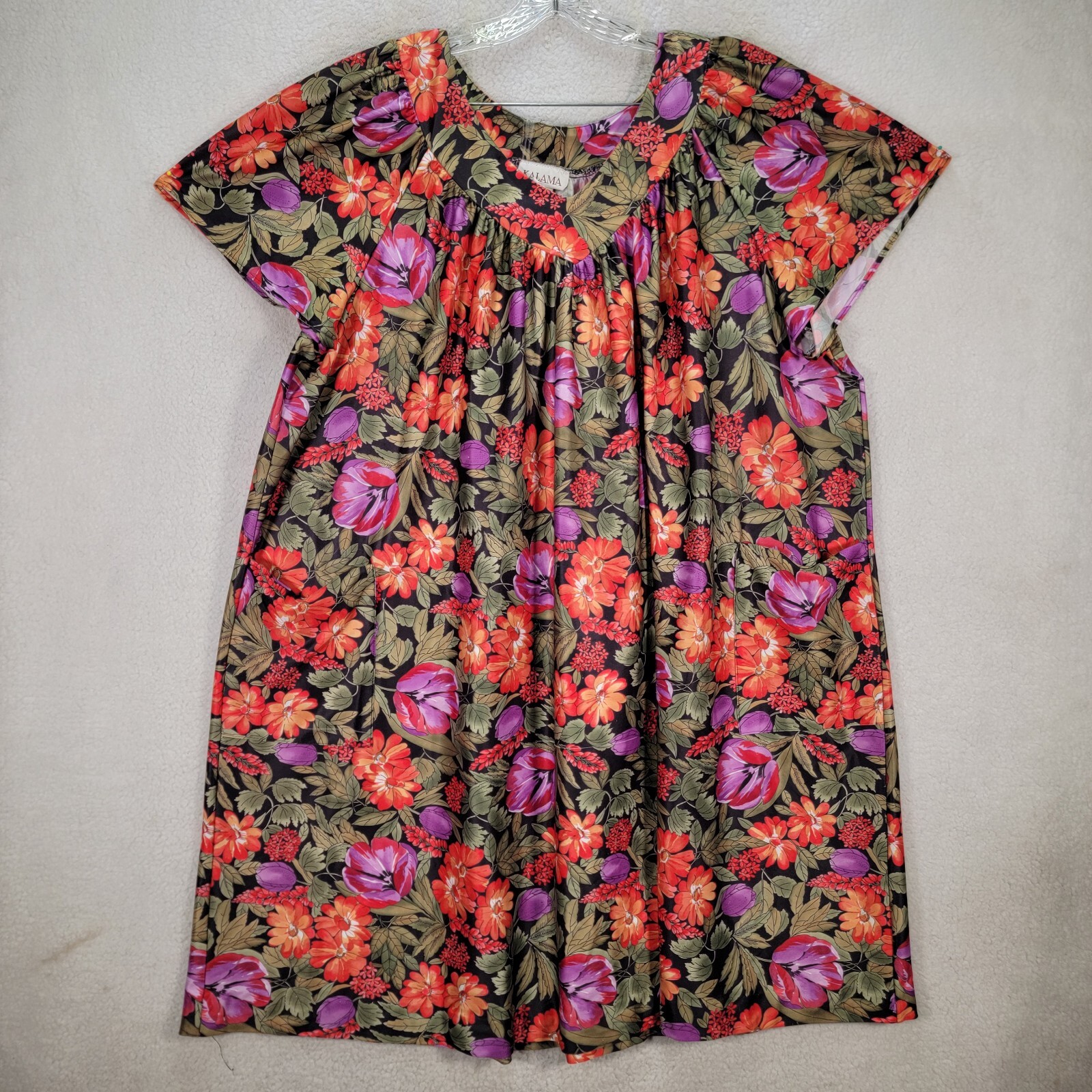 Vtg Kalama Green Floral V Neck Pleated Flowy MuuMuu Swing Womens Dress Size OS