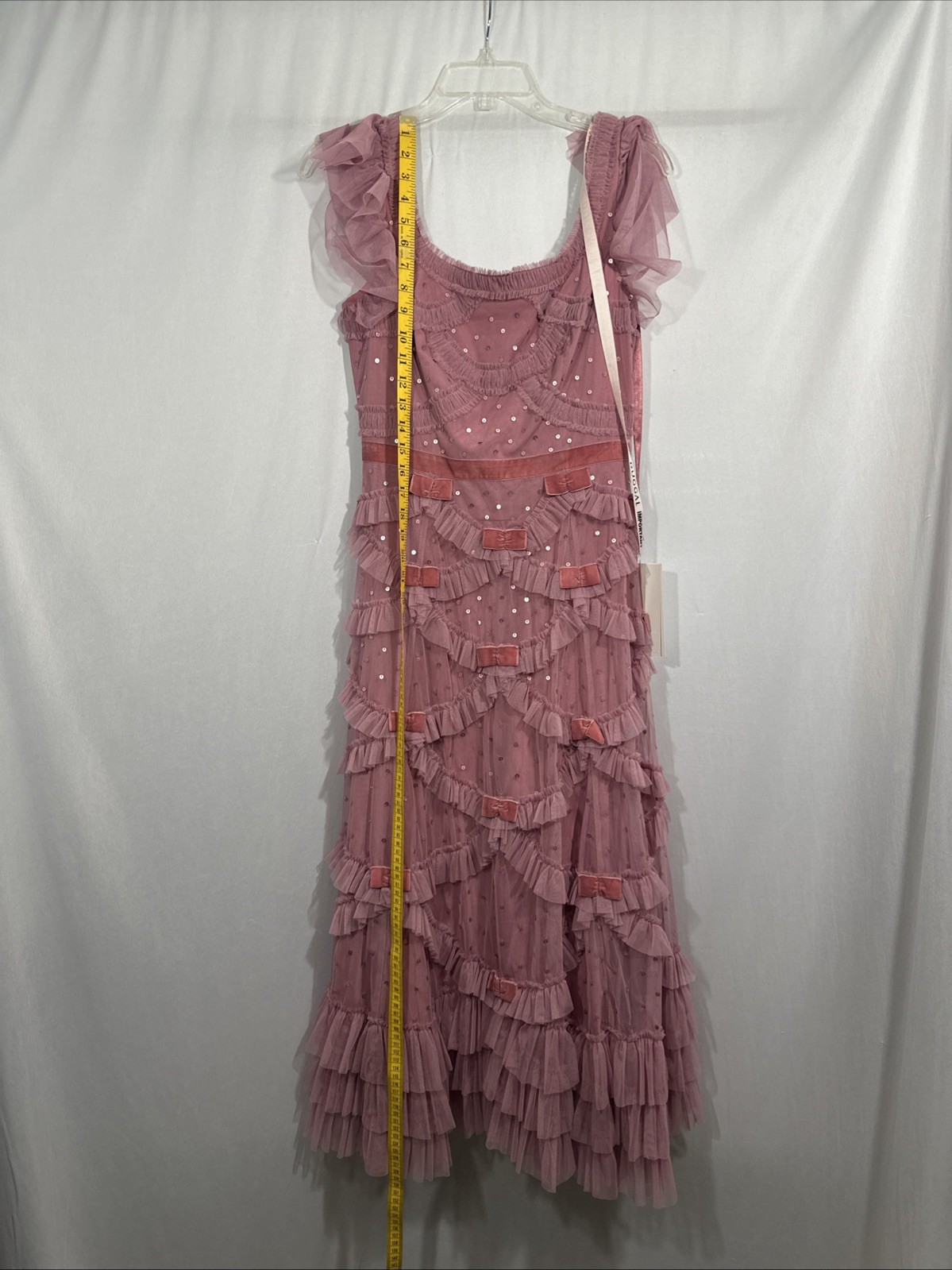 NWT Mac Duggal [ 4 ] 8272 Flutter Sleeve Lattice Bow Mesh Ruffle Mid Dress J2403