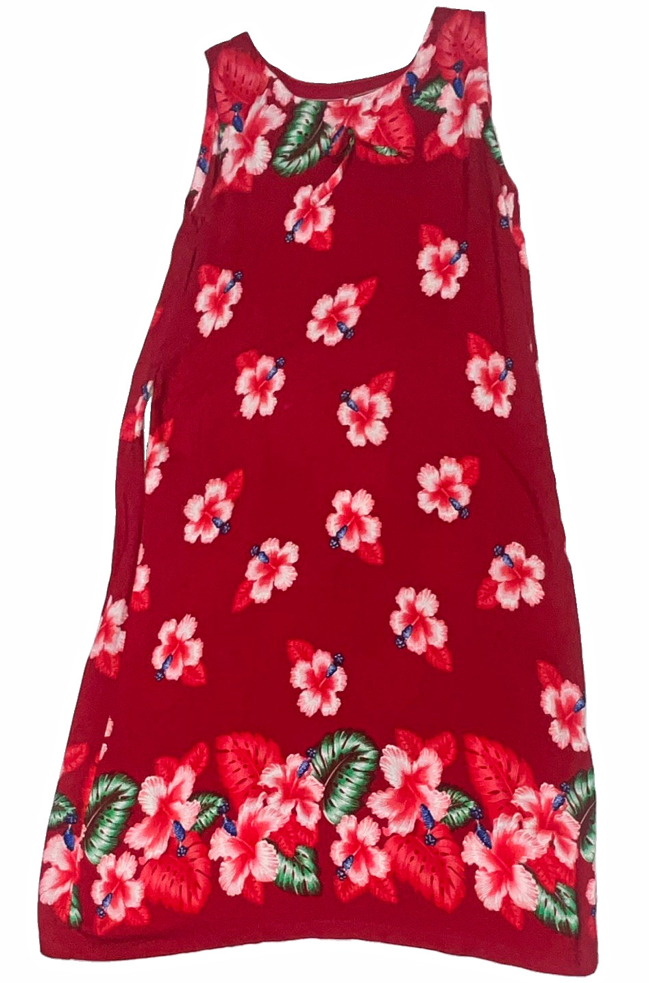 Women’s Floral Hawaiian Tropical Shift Dress Red Pink Green Scoop Neck Pockets M