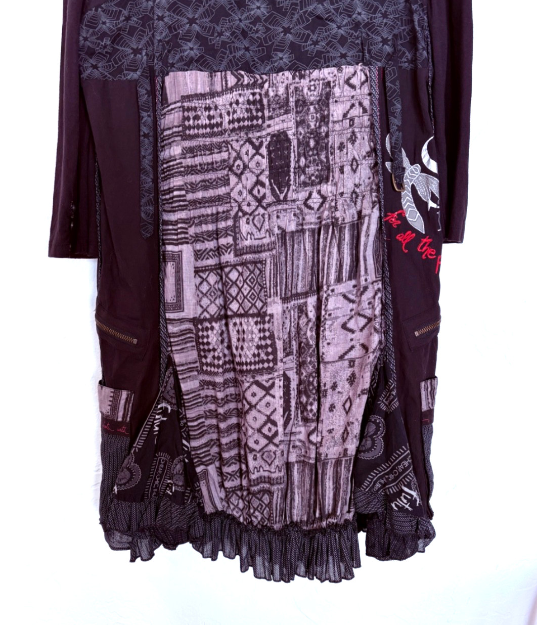 Desigual Wms Abeth 3/4 Sleeve Ruffle Hem Dress Large Black Red Zip Pockets Sz 12
