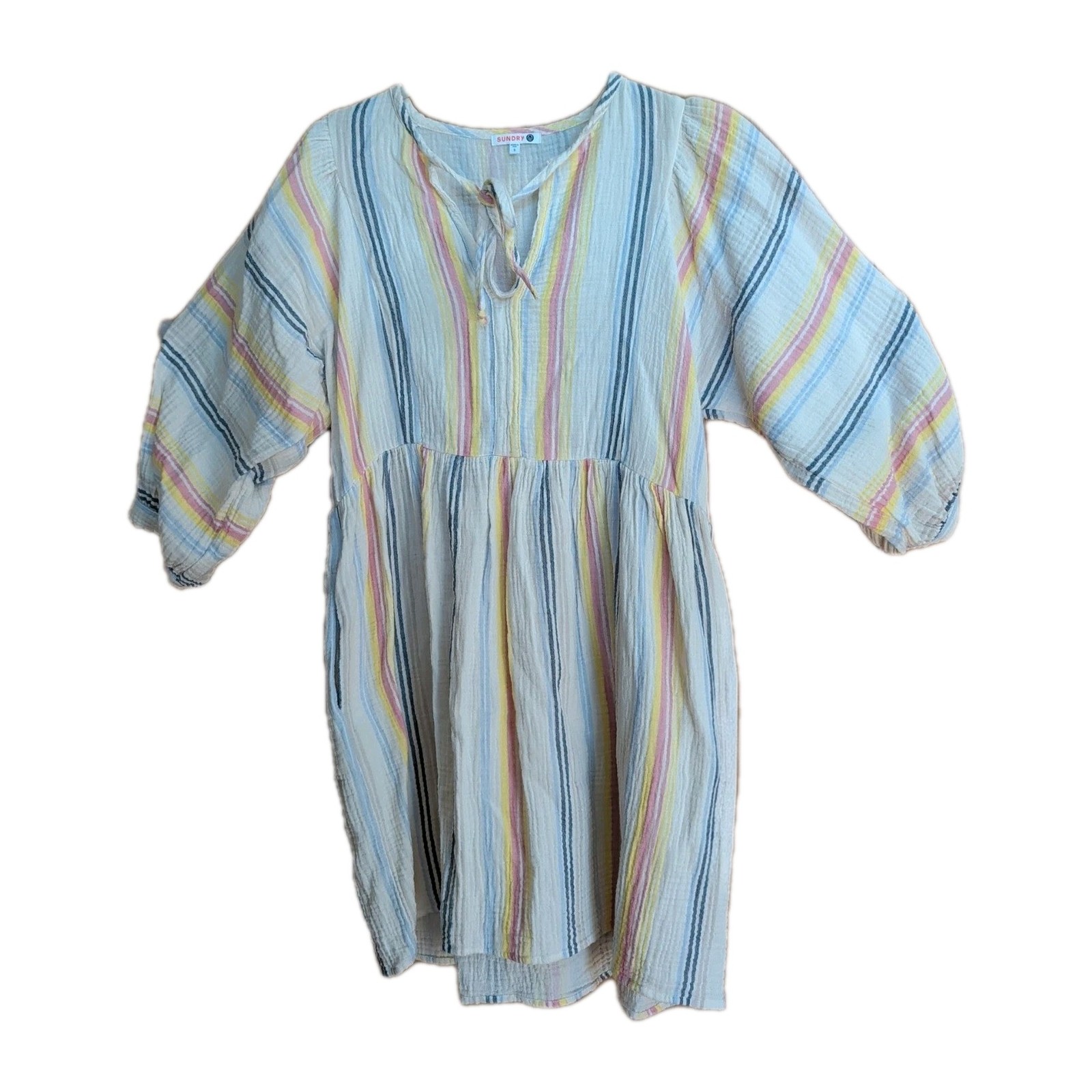 Sundry Gauze Split Neck Dress Sz S Pastel Stripes Coastal Chic Boho Cottagecore