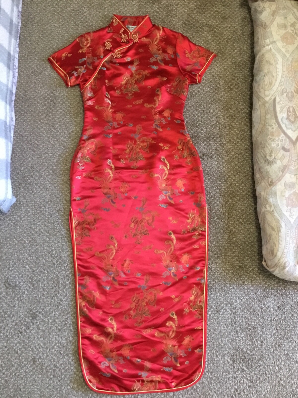 Chinese Traditional Long Cheongsam Satin Dress, size M