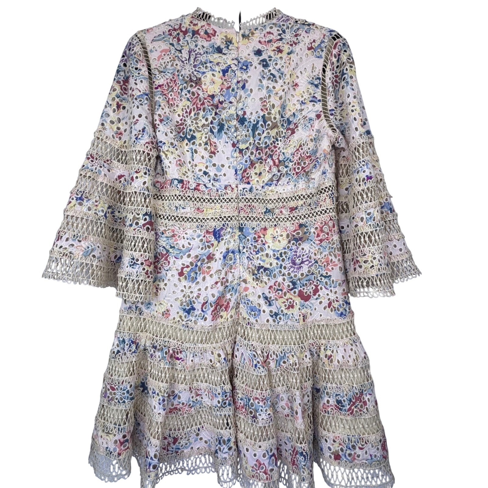 Floral Crochet Lace Eyelet Ruffle Tiered Mini Dress 3/4 Bell Sleeves Athina Sz L