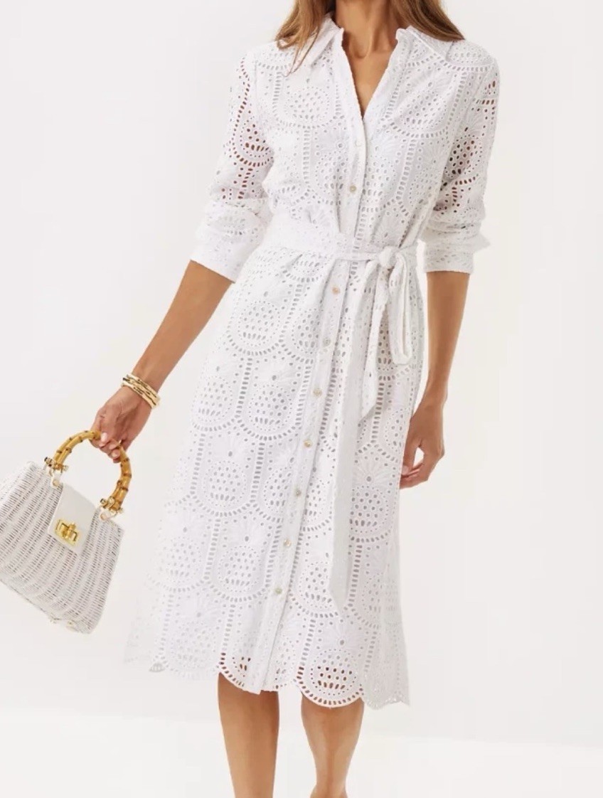Lilly Pulitzer White Eyelet Eira Midi Shirt Dress Size 0 with Self Tie