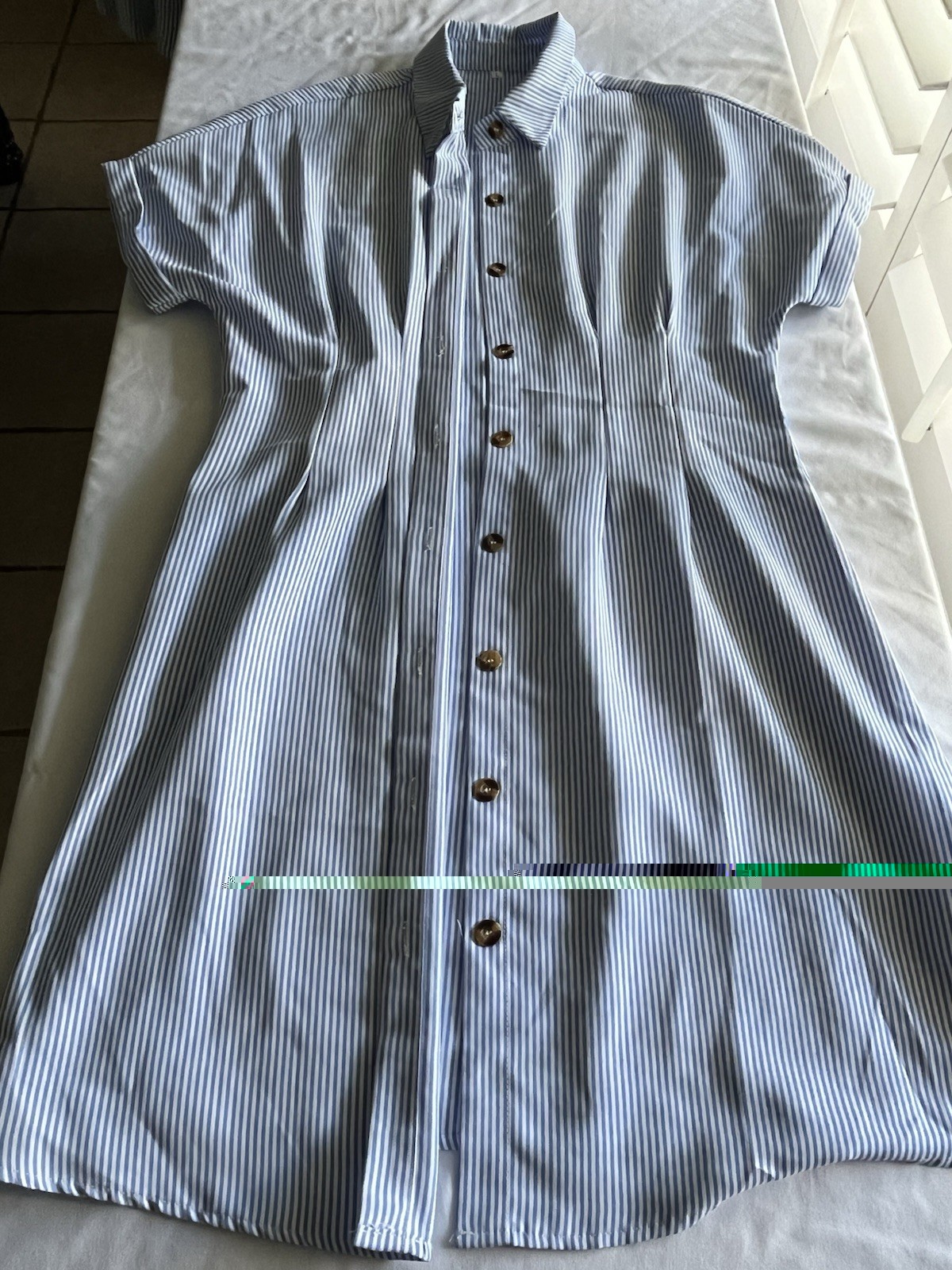 Women’s Blue White Striped Collared Short Sleeve Button Front Shirt Dress L
