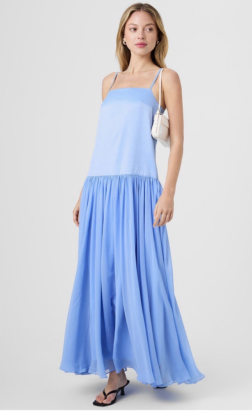 NWT French Connection Size 10 Marina Silky Maxi Dress Blue Hydrangea Square Neck