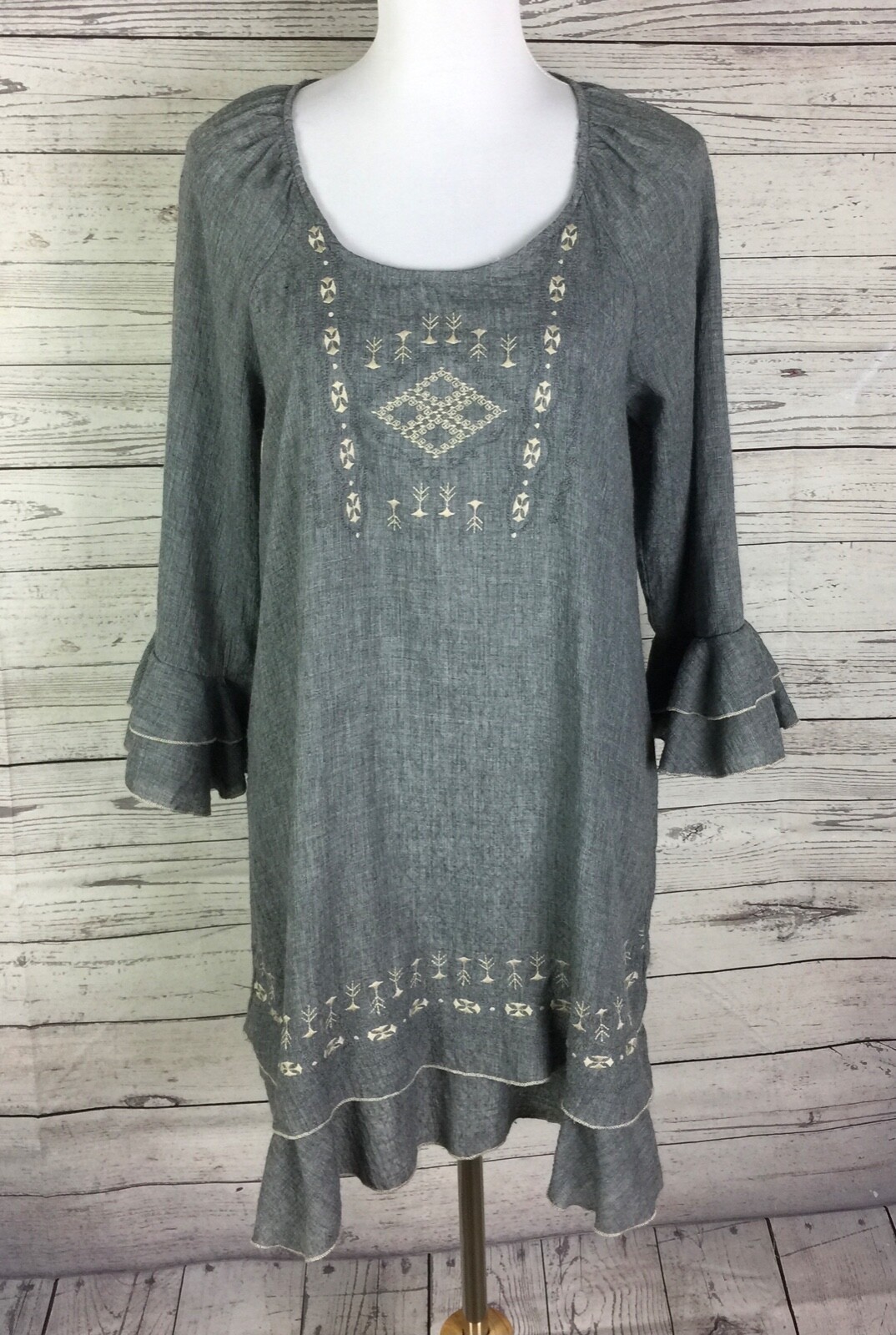 Indigo Soul Dress Women M Gray Embroidered 3/4 Ruffle Sleeve Hem Round Neck