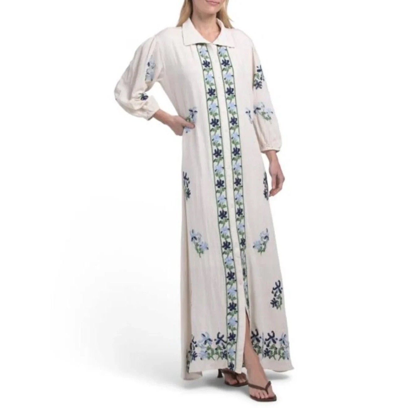 Solitaire Embroidered Linen Cotton Maxi Dress Cream Floral XL NWT