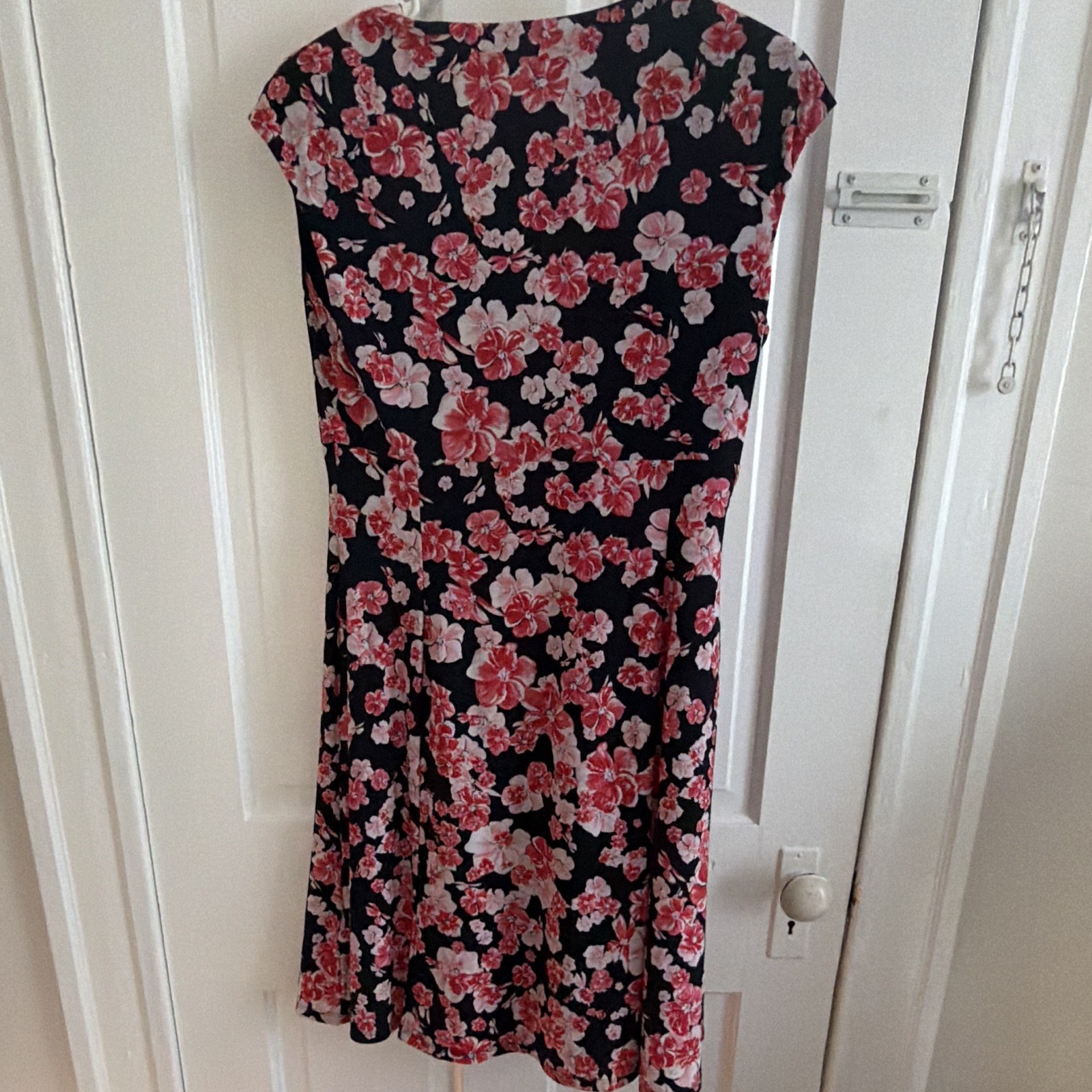 Chaps Womens Knee Dress Floral V-Neck Cap Sleeve Black Pink White M