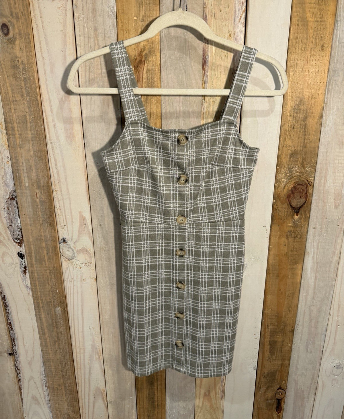 Altar’d State Women’s S Regular Green White Plaid Square Neck Strappy Mini Dress