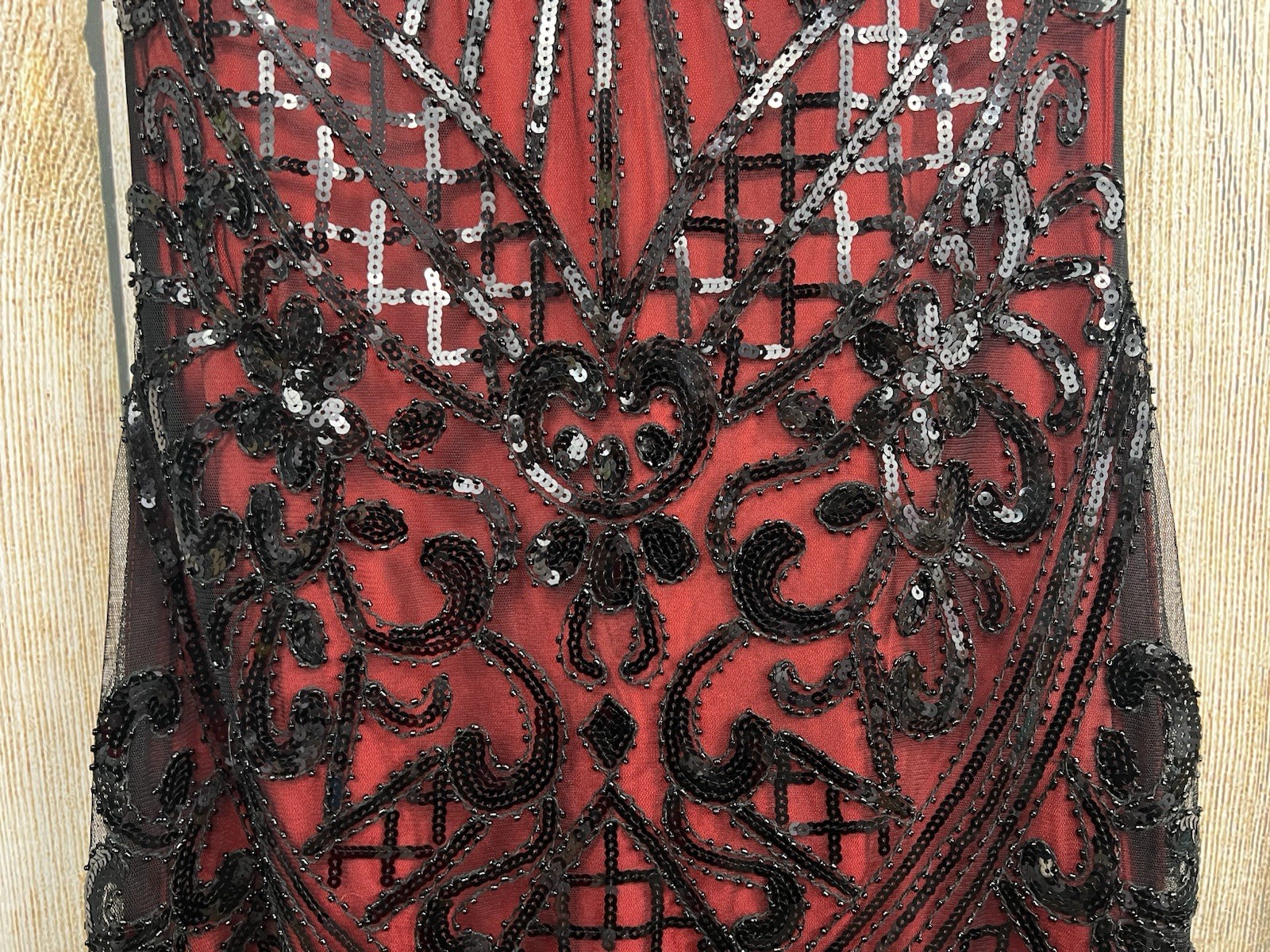 Flapper Dress Roaring 20s M Red Black Beaded Sequin Fringe Gatsby Art Deco Party