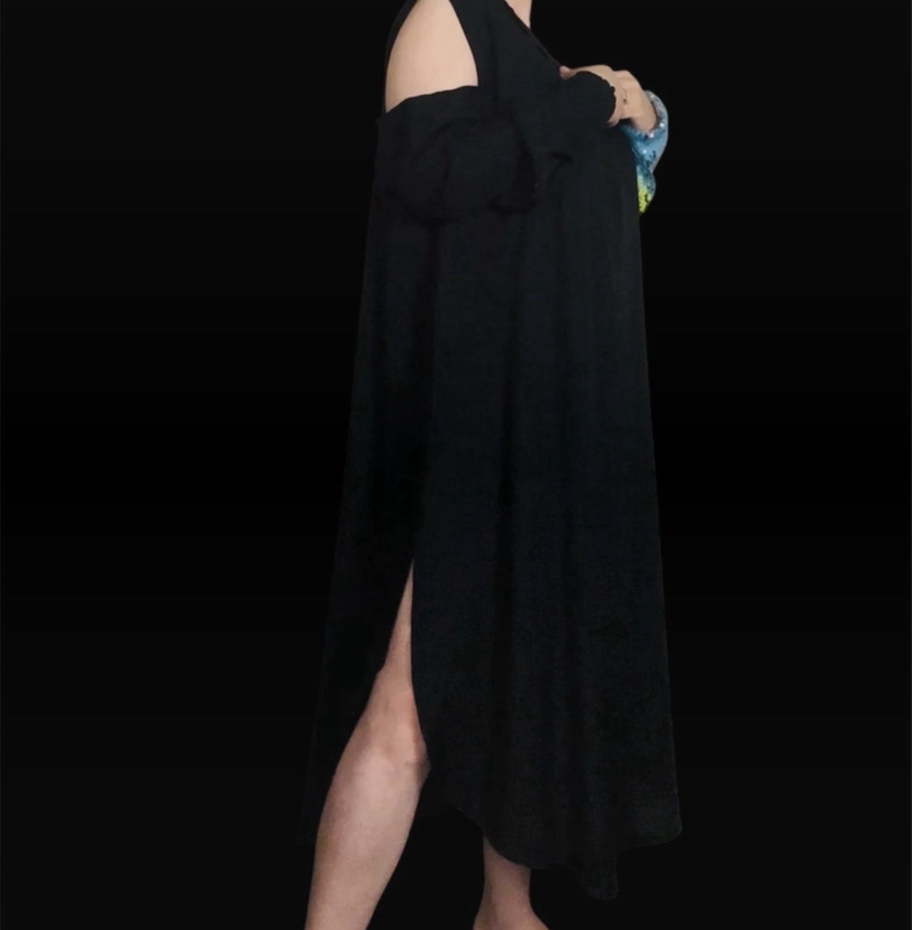 Black Cotton Dress with Multicolor Sequin Sleeves Size M