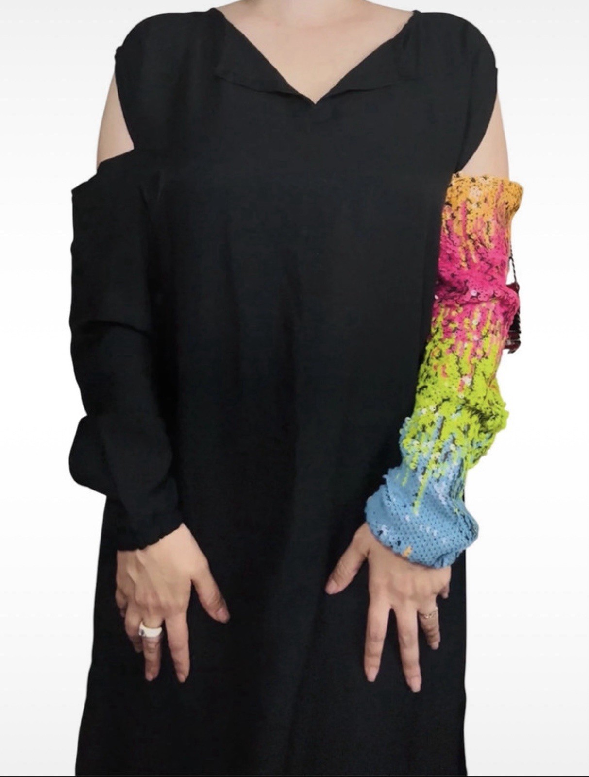 Black Cotton Dress with Multicolor Sequin Sleeves Size M