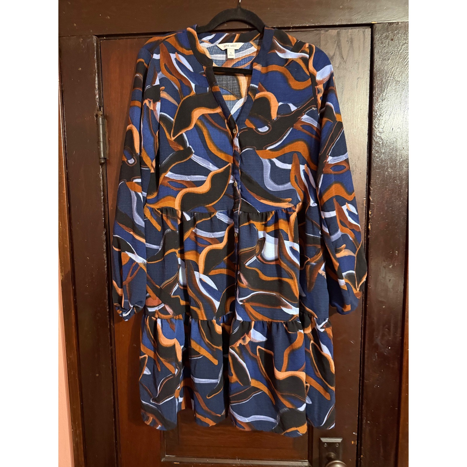 Nine West Womens Blue Abstract Swirl Print Tiered Mini Dress Small