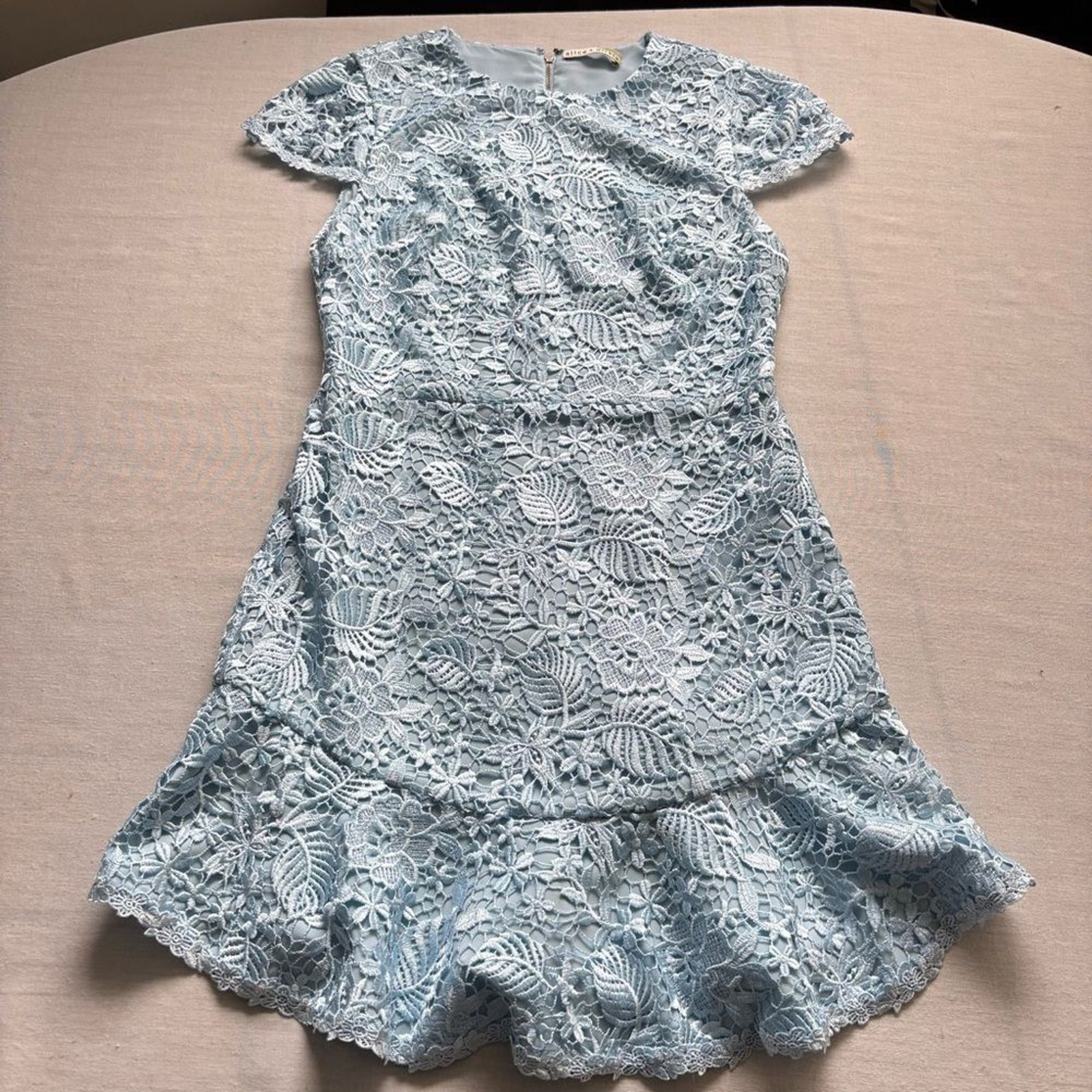 Alice + Olivia Rapunzel Lace Fit Flare Mini Dress Blue Size 8 Curved Hem