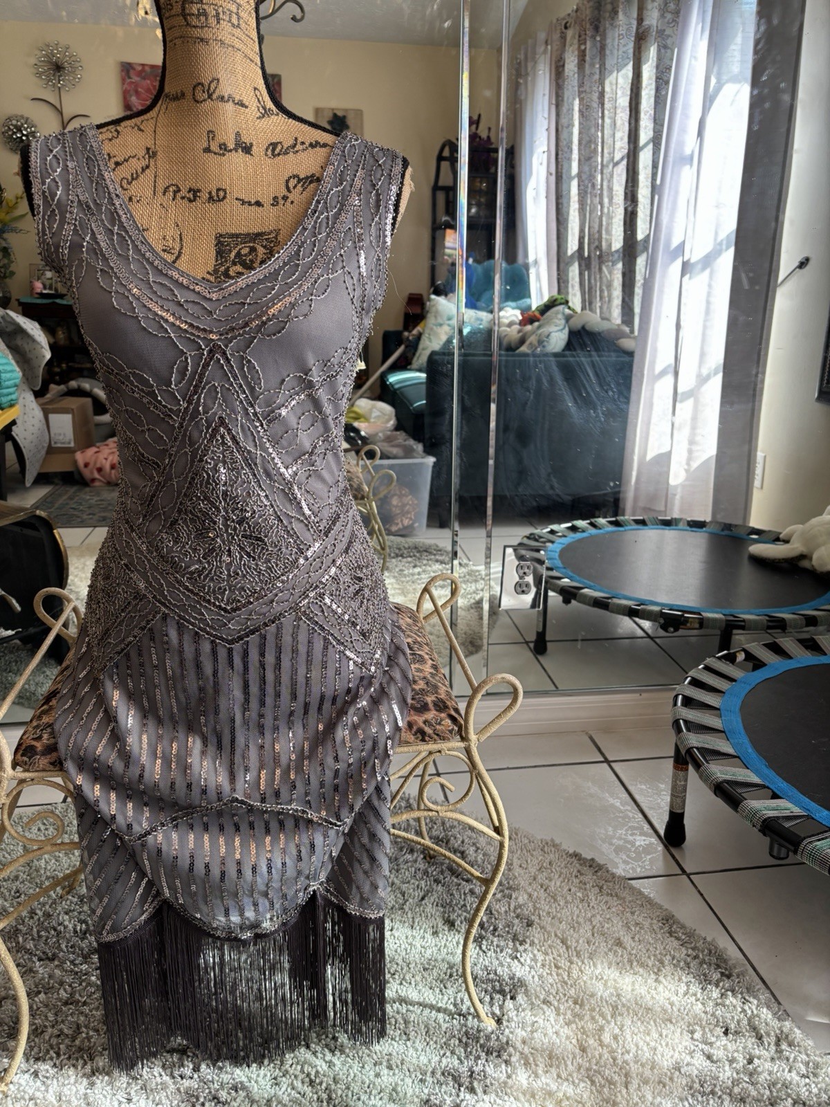BABEYOND Gray Sequin Fringe Beaded Mesh Sheath Dress V-Neck Sleeveless S
