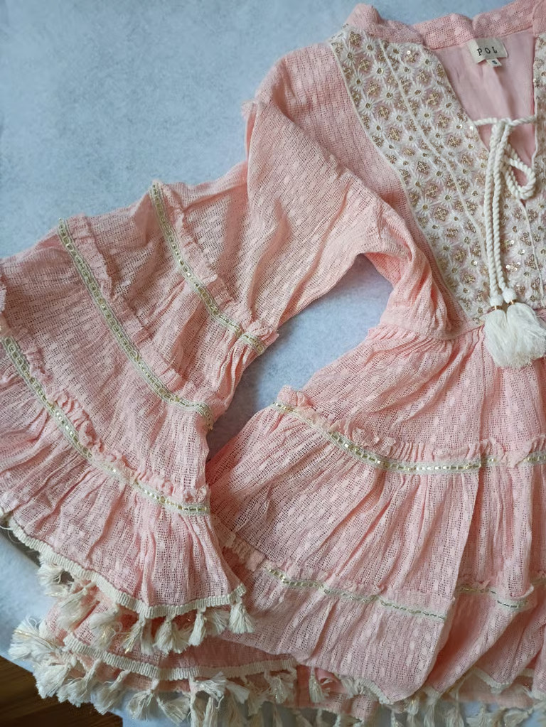 POL Pink Eyelet Lace Boho Mini Dress Tassel V-Neck Ruffle Tiered Cotton M