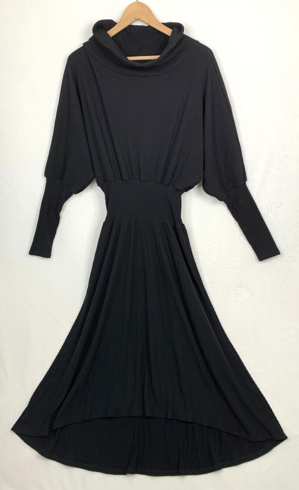 Never A Wallflower Dress Medium Black Ribbed Fitted Waist Cowl Neck Party NEW