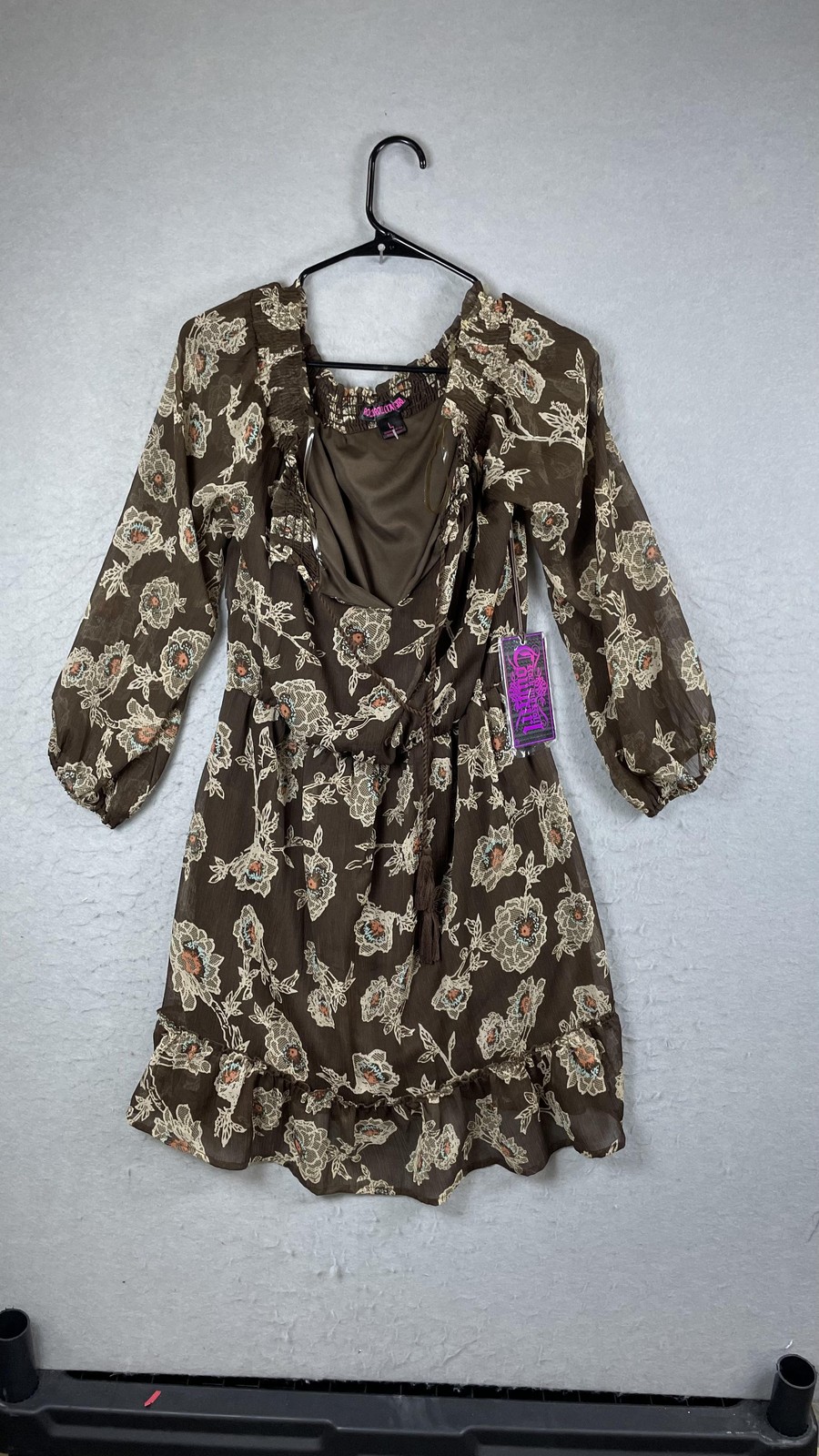 Rock & Roll Cowgirl Dress Womens Large Brown Floral Boho Peasant Western Mini