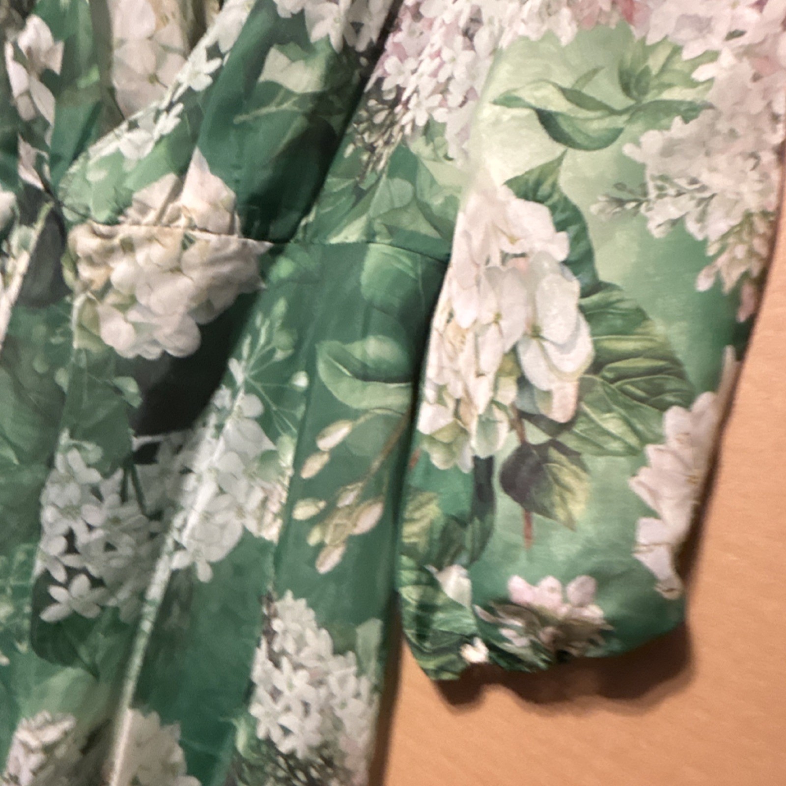 Green White Floral V-Neck A-Line Short Tie Belt 3/4 Sleeve Dress S