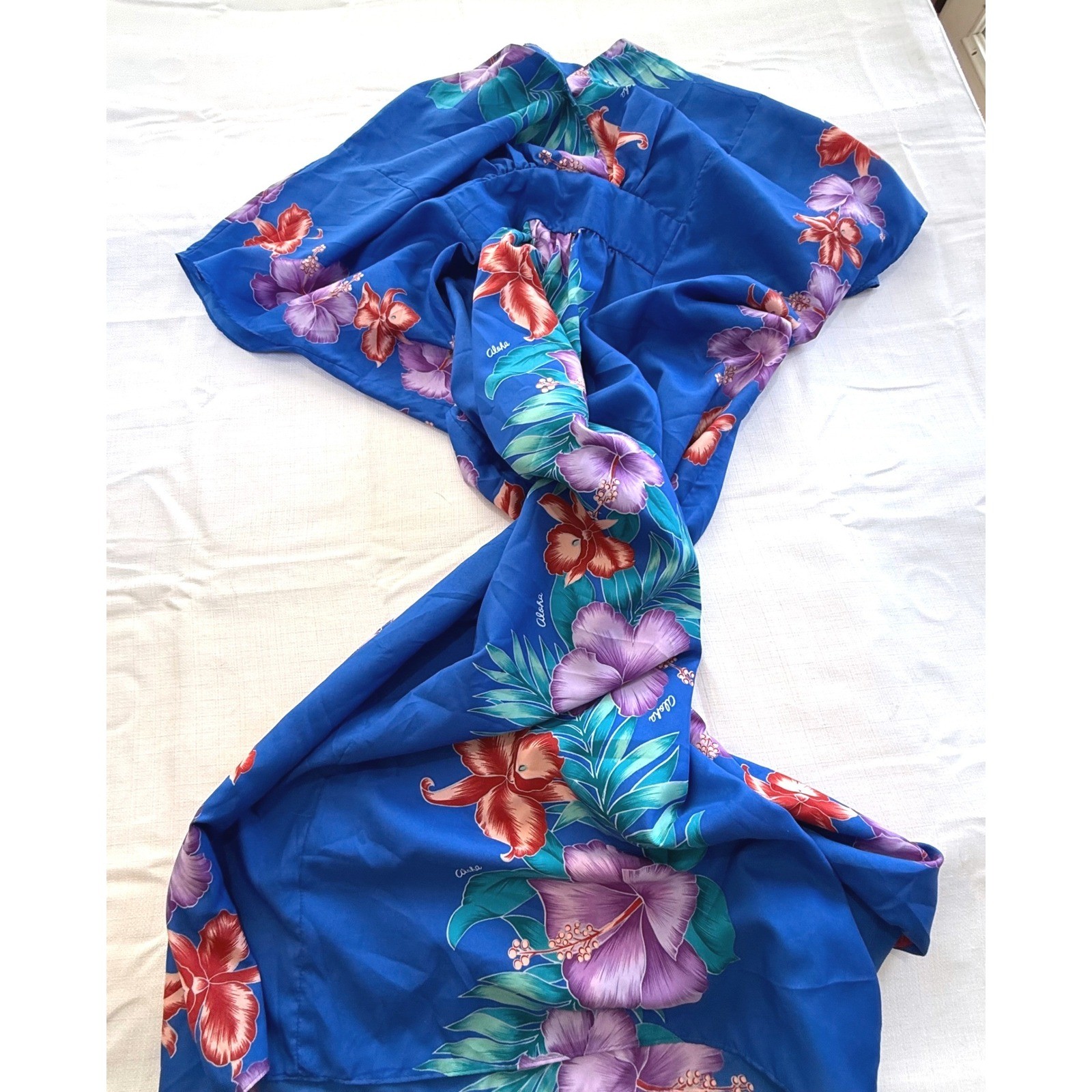 Vintage Tamare Hawaiian Islands Blue Floral Aloha Maxi Dress Made USA
