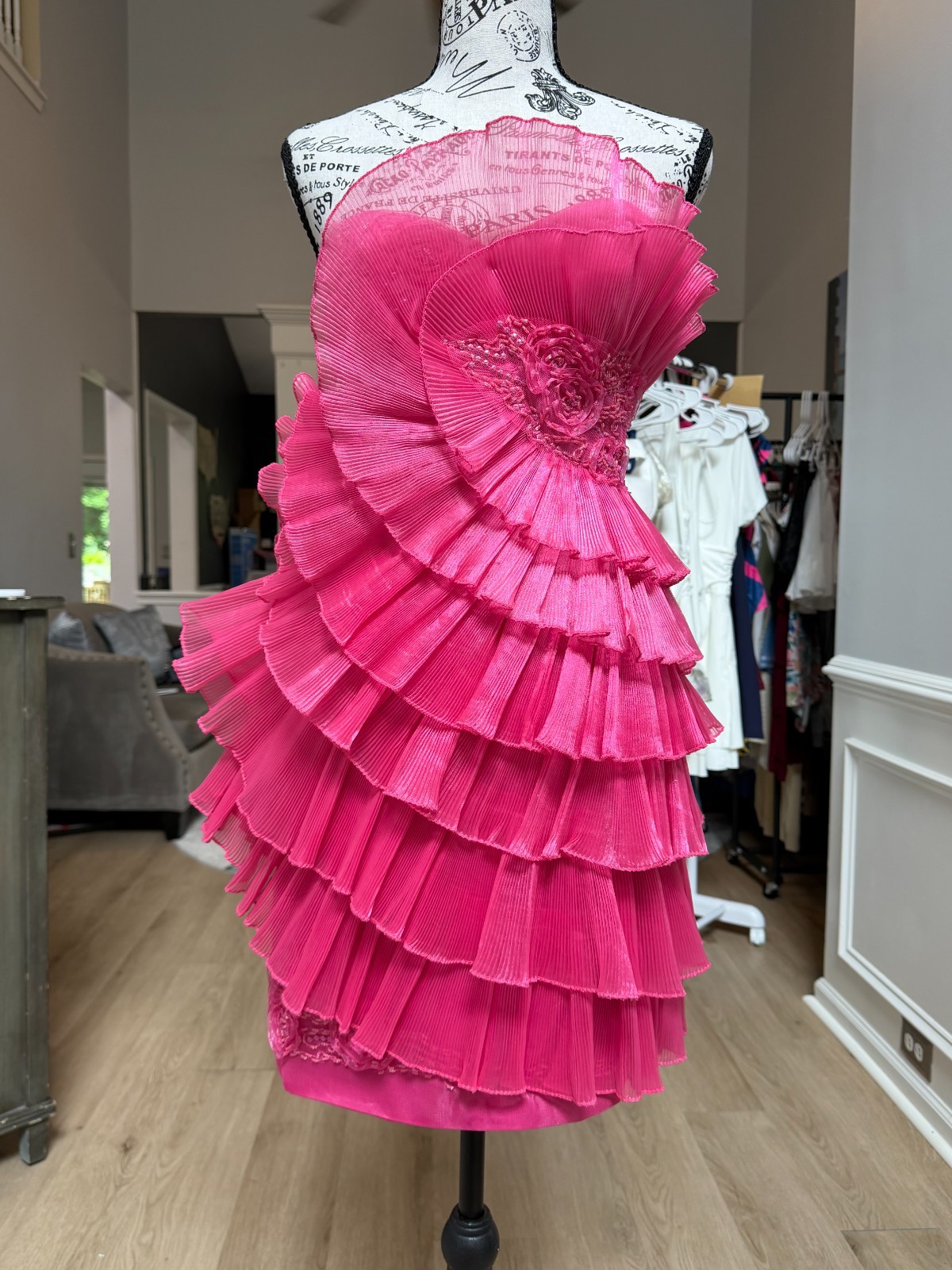G001 Cinderella Divine Fuchsia Pink Ruffle Rosette Mini Formal Dress Size 4