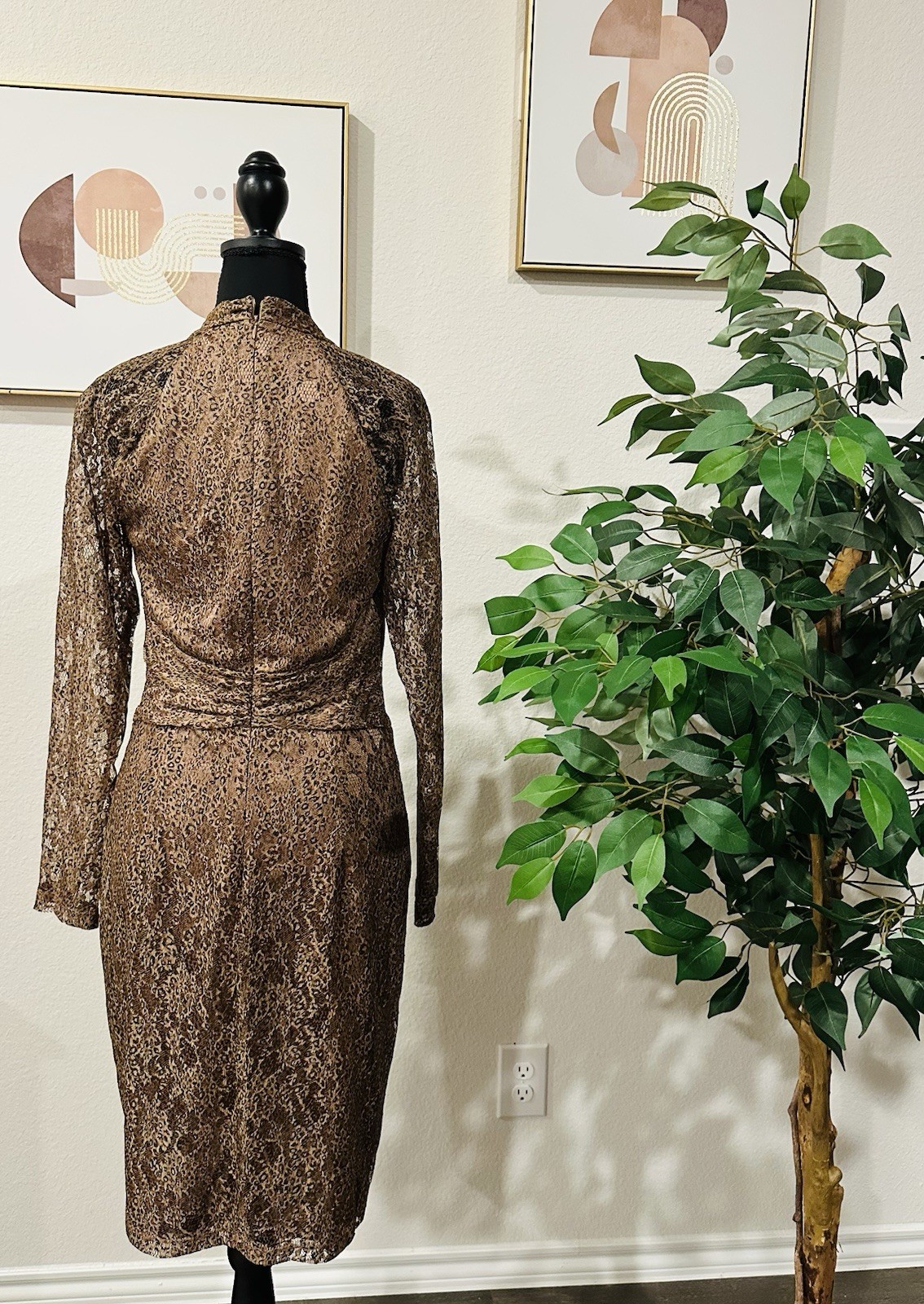 David Meister Leopard Print Lace Lined Evening Midi Dress With Jeweled Belt Sz 6