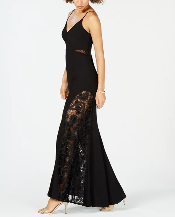 BETSY & ADAM Petite Adjustable Strap Sheer Lace Contrast V-Neck Trumpet Gown, 2P