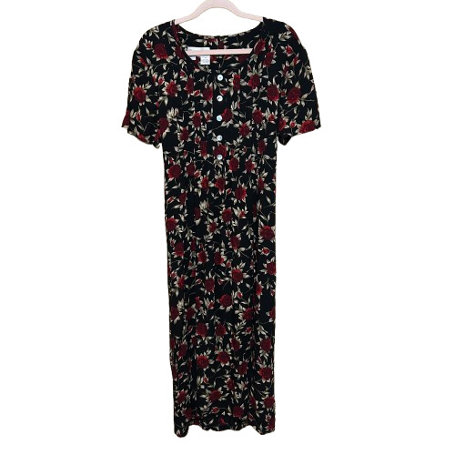 VTG Betsy Lauren 90s Tie Back Maxi Dress Womens 14 Black Rose Floral Whimsigoth