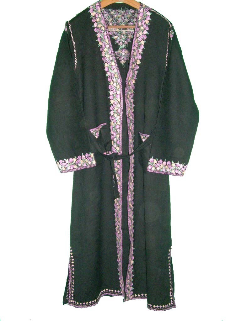 Kashmiri Ethnic Embroidered Woolen Dressing Gown Ladies Black, Multicolor