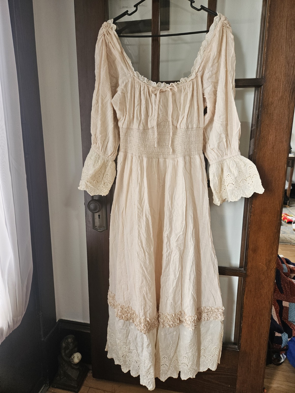 LaceMade Ivory Lace Maxi Dress Long Sleeve Bow Ruffle Accent Size M, No Tag