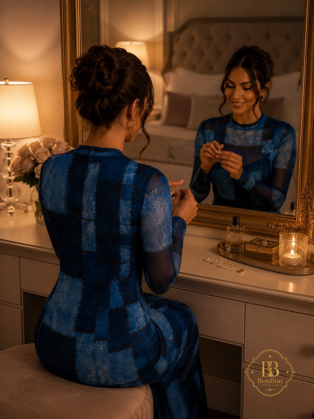 Blue Patchwork Mesh Maxi Dress | Elegant Long Sleeve Bodycon Evening Dress